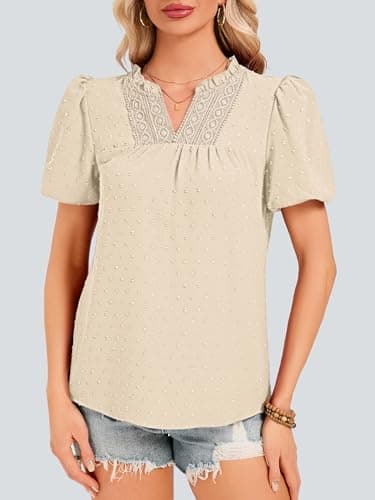 Funlingo Womens Tops Puff Sleeve V Neck Dressy Casual Blouses Summer Flowy Swiss Dot Boho Babydoll Short Sleeve Shirts Trendy Clothes 2026 Beige S - Thumbnail 4
