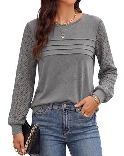 BTFBM Women's Long Sleeve Shirts Dressy Lace Fall Tops 2026 Trendy Business Casual T-Shirts Cute Work Outfits Blouses(Grey, Large) - Thumbnail 2