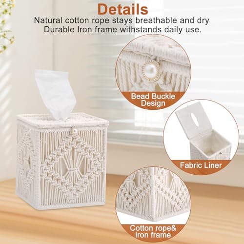 Macrame Tissue Box Cover, 6 Pack Square Boho Decor Tissue Holder, Handmade Woven Cotton Rope Organizer with Open Bottom for Bedroom, Bathroom, Living Room, Office - Ivory - Thumbnail 3