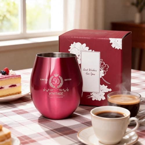 TJ 50th Birthday Gifts for Her Vintage Engraved Wine Glass - 50th Birthday Stainless Steel Stemless Wine Glass Birthday Decoration, 50 Year Old Birthday Gift for Women Men Wife Friend Sister, Hot Pink - Thumbnail 4
