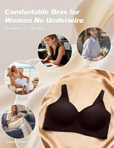 Tarbo Wireless Bras for Women No Underwire - Seamless Jelly Bra Everyday Comfort T-Shirt Bra Breathable Mesh V Neck Bra Light Support Invisible Fit Back Smoothing Adjustable Straps Coffee S - Thumbnail 5