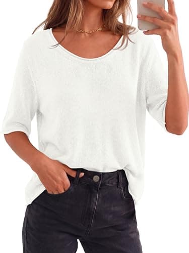 BTFBM Sweaters for Women 2026 Summer Oversized Half Short Sleeve Knitted Pullover V Neck‌ Casual Loose Fit Spring Tops(White, X-Large) - Thumbnail 3