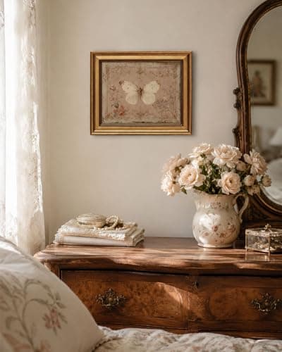 Gold Framed Wall Art, Vintage White Butterfly Canvas Prints, French Country Antique Insect Picture Wall Decor, Neutral Pink Cottagecore Artwork for Living Room Bedroom 9x11 inch - Thumbnail 4
