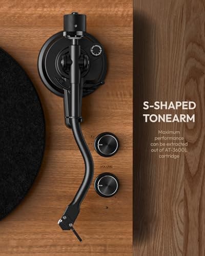 QLEARSOUL SoulBox S1 Vinyl Record Player with Stereo Speakers, Turntable with Built-in Preamp, S-Shaped Tonearm, 33/45 RPM - Walnut - Thumbnail 3