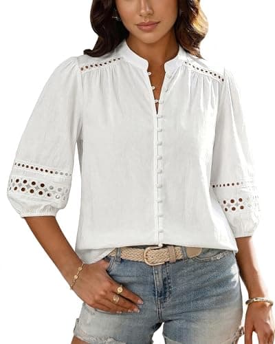 Bsubseach Women Button Down Shirt 3/4 Puff Sleeve Dressy Casual Blouse Cotton Eyelet Boho Mandarin Collar Tops White XXL - Image 1