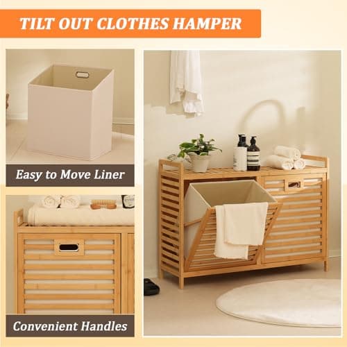 Baveke Bamboo Tilt Out Laundry Hamper with Shelves, Hidden Laundry Hampers with 2 Removable Bag, Pull Out Laundry Hamper Cabinet, Bathroom Storage Shelf for Laundry Room, FSC-Certified, Natural - Thumbnail 4