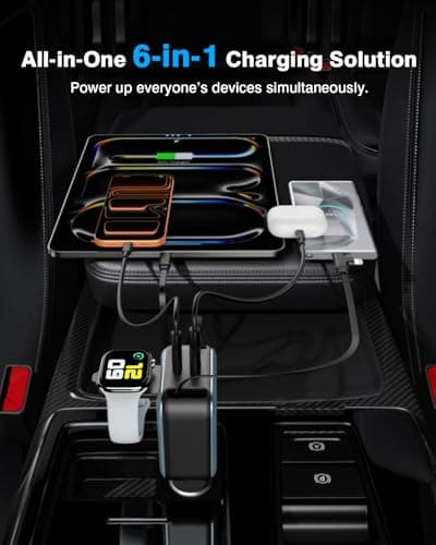 6 in 1 Retractable Car Charger, 100W USB C + USB A Fast Charging for iPhone 17/16/15/14/13/12/11, iWatch, Android, Travel Essentials Car Accessories, Gift for Men & Women (Grey) - Thumbnail 3