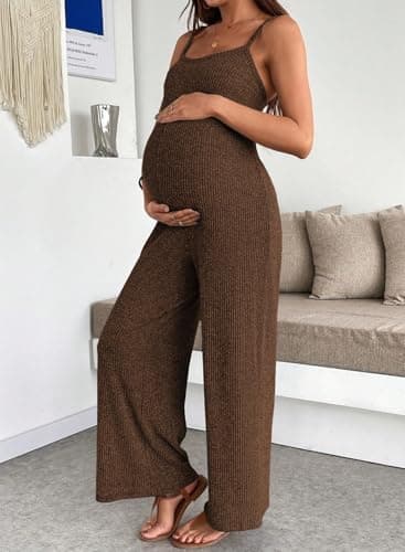 BLENCOT Jumpsuits for Women Casual Ribbed Adjustable Strap Sleeveless Wide Leg Pants Brown Jumpsuit Maternity Clothes XX-large - Thumbnail 4