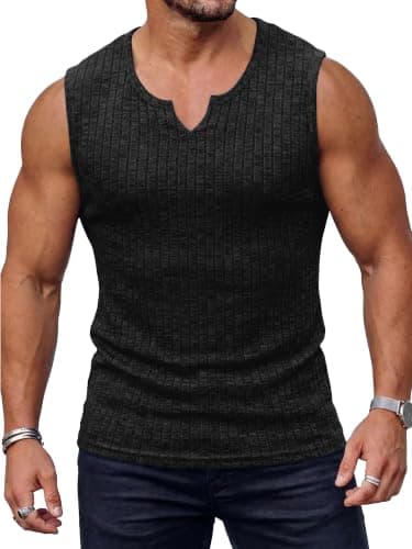JEMLDL Men's Black Tank Tops Sleeveless Ribbed Knit V Neck Workout Muscle Gym Shirts Summer Athletic Tee M - Image 1