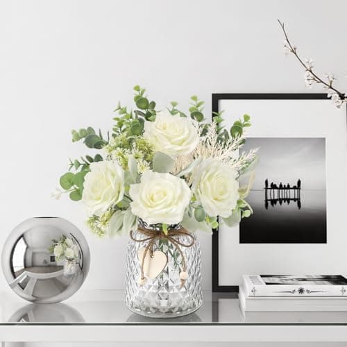 HOHOTIME Artificial Flowers with Vase, White Silk Roses Fake Flower Arrangement with Eucalyptus, Faux Plant Vase for Home Office Dining Table Centerpiece Coffee Table Decor Farmhouse Decoration - Thumbnail 2