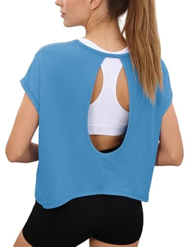 Totatuit Open Back Workout Tops for Women Cute Loose Fit Cropped Tshirts Crew Neck Short Sleeve Athletic Shirts 2026 Trendy Oversized Summer Tee Running Yoga Gym Clothes Blue Small - Image 1
