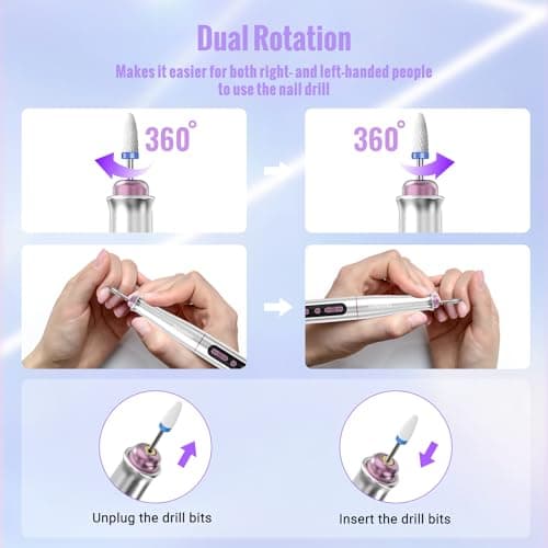 Denabuty Cordless Electric Nail Drill Machine, 13 in 1 Nail File Kit 35000RPM Professional Portable Rechargeable E File for Acrylic Polish Gel Removal Manicure Pedicure Set with 5 Speeds DN-2402 - Thumbnail 6