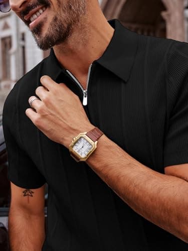PJ PAUL JONES Casual Shirts for Men Textured Polo Shirt Short Sleeve Quarter Zip Stretch Knit Polo Regular Fit Black M - Thumbnail 2