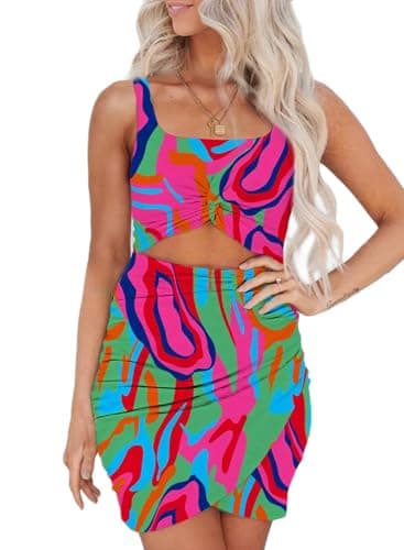 Acelitt Summer Dresses for Women 2025 Cut Out Twist Front Ruched Wrap Bodycon Sleeveless Party Club Mini Dress Beach Sundress Multicolor Medium - Image 1