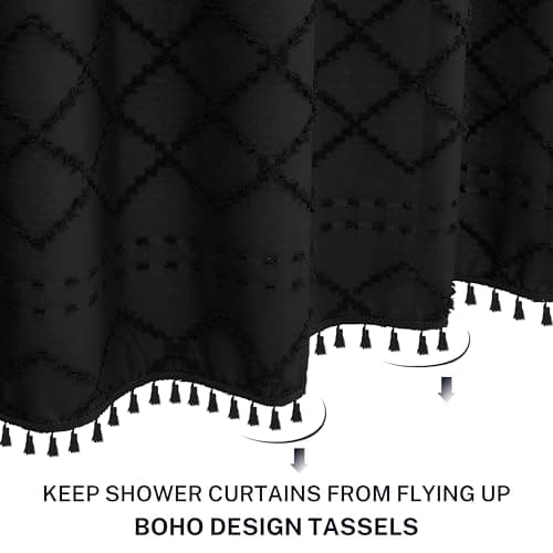 Stall Boho Black Woven Fabric Shower Curtain with Tassels 42 x 72 Modern Farmhouse Minimalist Tufted Chevron Striped Shabby Chic Textured, Water Resistant Curtain for Bathroom, Hotel Decor - Thumbnail 3