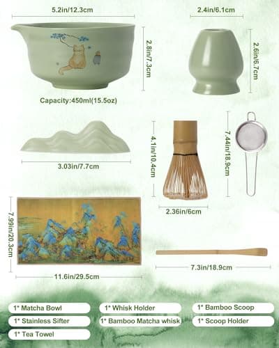 Matcha Whisk Set, Ceramic Matcha Set Includes Matcha Bowl, Matcha Whisk and Holder, Bamboo Scoop, Scoop Rest, Sifter and Tea Towel - 7 Pcs Matcha Kit(Green) - Thumbnail 2