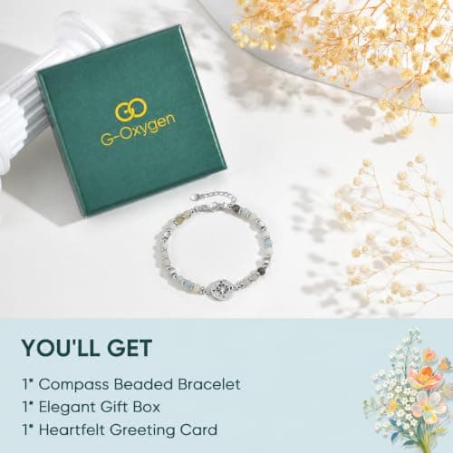 Silver Compass Beaded Bracelet for Women - Natural Stone Dainty Link Bracelet with Cubic Zirconia Compass Charm Womens Adjustable Stackable Bracelets Trendy Jewelry Gift Her Travel Going-Away Graduation - Thumbnail 6