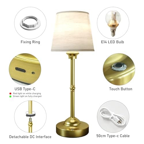 CHLORANTHUS 2 Pack Cordless Table Lamps, 3 Colors Stepless Dimming Fabric Desk Lamp, 6000mAh Rechargeable Battery LED Desk Lamp, Touch Night Light for Bedroom, Dining, Desk, Cafe - Thumbnail 5