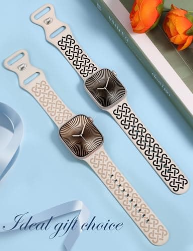 Minyee 2 Pack Engraved Bands Compatible with Apple Watch Band 42/44/45/46/49mm Women, Soft Silicone Two-Tone Celtic Sport Strap for iWatch Series 11 10 9 8 7 6 5 4 SE/Ultra 3 2 1,Starlight/Black/Nude - Thumbnail 4