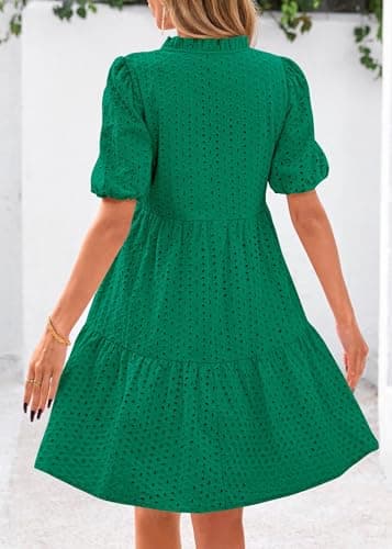 KIRUNDO Eyelet Summer Dresses for Women 2026 Mini Casual Hollow Out Short Sleeve Lace Tiered V Neck Shift Dress Pockets(Dark Green, Large) - Thumbnail 2
