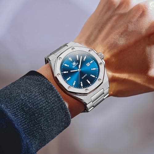 OLEVS Dress Watches for Men Quartz Movement Waterproof Men's Wrist Watch Silver Stainless Steel with Blue Face Luxury Business Watch for Men Suitable for Casual Social Events Surprise Gift for Him - Thumbnail 3