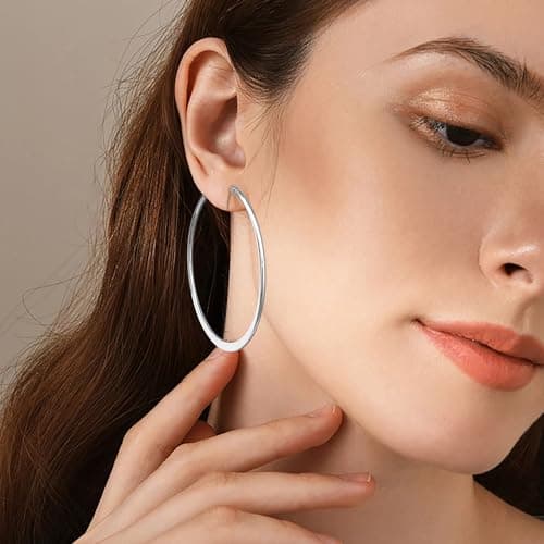Gacimy Large Silvertone Hoop Earrings for Women 14k White Gold Plated, Hypoallergenic Silvertone Earrings Hoops 50mm - Thumbnail 5