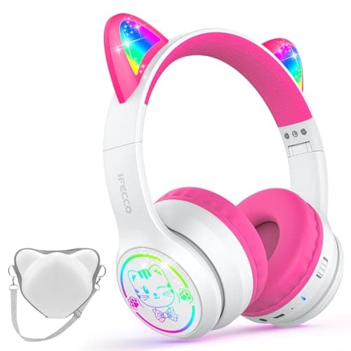 IFECCO Kids Wireless Headphones with Case,Cute LED Light Up Cat Ear Children Girls Bluetooth 6.0 Headphones Volume-limiting for School Travel Gifts - Image 1