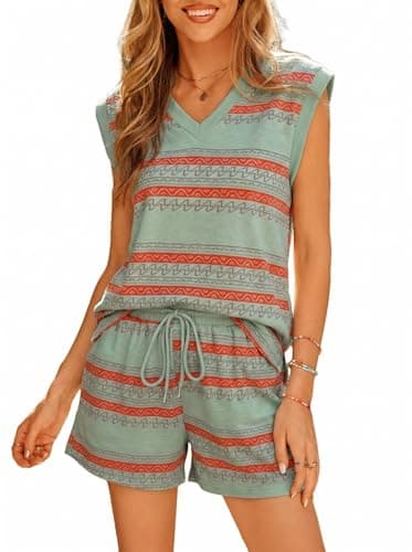 Dokotoo Women's Summer 2 Piece Outfits Geo Striped V-Neck Tank and Shorts Going Out Set Loose Fit Sleeveless Tops Tie Waist Shorts with Pockets Green Stripe X-Large - Image 1