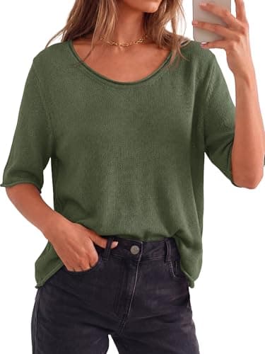 BTFBM Sweaters for Women 2026 Summer Oversized Half Short Sleeve Knitted Pullover V Neck‌ Casual Loose Fit Spring Tops(Army Green, Small) - Thumbnail 3