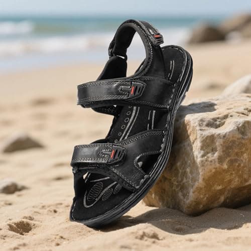 ArcBrothers Men's Premium Leather Sandals - Classic Roman Style Open Toe Sandals - Cushioned Heel, Non-Slip & Sturdy Support - Thumbnail 2