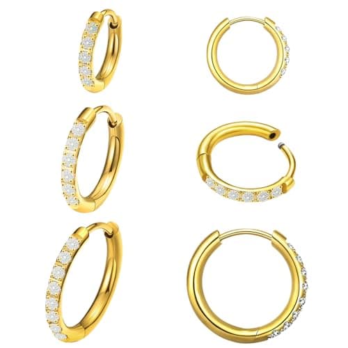 Moissanite Titanium Huggies Hoop Earrings for Women Men, Gold, 3 Pairs - Image 1