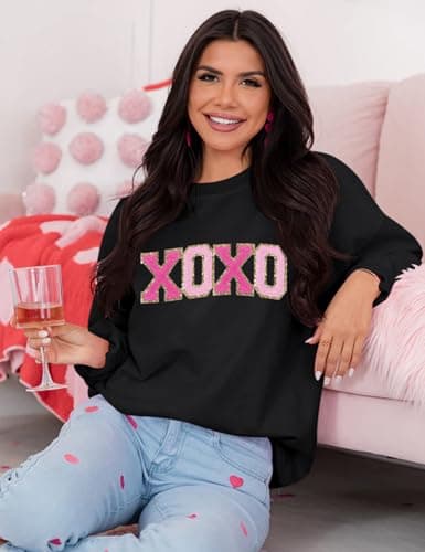 LETSEE Valentines Sweatshirt for Women Glitter Patch Valentine Letter Pullover Tops Chenille Patch Oversized Clothes(Black, Large) - Thumbnail 4