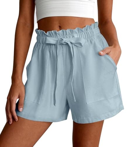 PRETTYGARDEN Summer Shorts for Women Casual Ruffle Drawstring High Waist Wide Leg Comfy Lounge Shorts Beach Vacation Cruise Outfits(Light Grey Blue,M) - Image 1