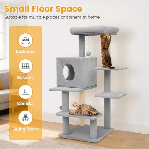 FURFAST 6-Tier Cat Tree Tower, 40 Inch Multi-Level Small Cat Tree for Indoor Cats, Sturdy Cat Tower for Large Cats with Cat Scratching Post, Cat Condo, Plush Toy, Compact Play House (Light Grey) - Thumbnail 3