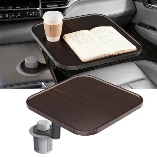 360° Rotation Car Desk for Laptop, Height-Adjustable Cup Holder Table, Wooden Car Food Tray & Laptop Mount Compatible with Tesla Model Y/3/S, Ford F150/Explorer/Maverick & Most Vehicles (Dark Walnut) - Image 1