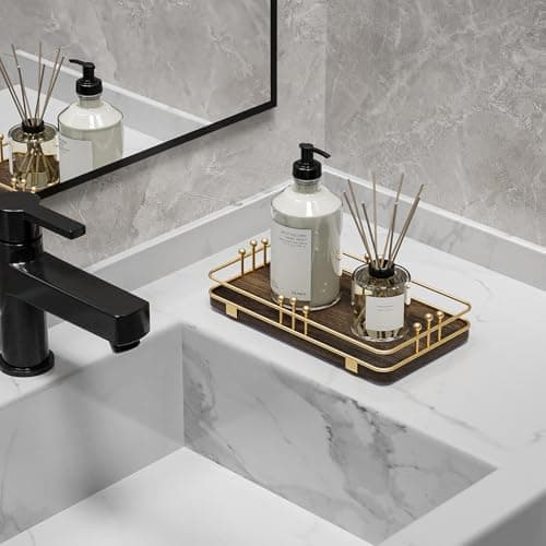 Pursura Bathroom Vanity Tray for Toiletries Makeup Perfume Candle Toilet Tank, Kitchen Tray for Soap Dispenser Spice Salt, Small Tray for Countertop Decor Coffee Nightstand 7.9”x4.4” Brown-Gold - Thumbnail 4
