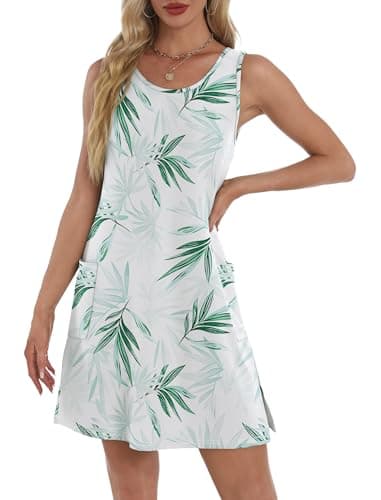 BKRIVE Summer Dresses for Women 2026 Loose Fit Round Neck Sleeveless Sundresses Beach Fashion Tank Dress with Pockets Flora Green White XL - Thumbnail 4