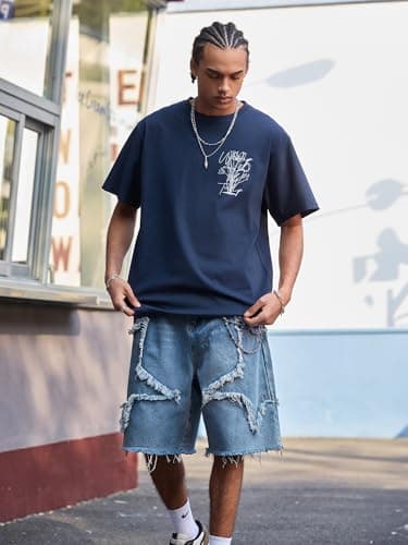 JMIERR Men's Baggy Jorts Loose Fit Wide Leg Comfy Y2K Hip Hop Streetwear Vintage Casual Star Denim Shorts with Pockets, Sail Blue, X-Large - Thumbnail 3