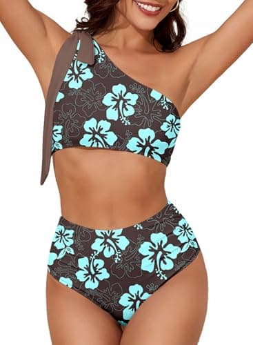 Herseas Women's One Bow Shoulder Bikini Sets 2 Piece High Waisted Stretchy Swim Suits Cut Out Back 2026 Beach Floral Wire Free Bathing Suit Flattering Brown X-Small - Image 1