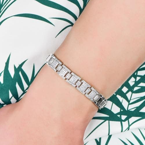 TRENDOLLA Mens Stainless Steel Bracelet, 7.5/8 inches Dainty Hiphop Cuban Link Chain Bracelet White Gold and 14K Gold Plating (Style04-White Gold) - Thumbnail 3