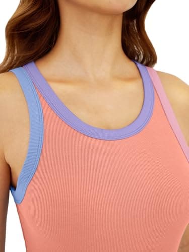 GKBK Womens Colorblock Ribbed Tank Tops Crewneck Fitted Cute Sleeveless Racerback Basic Casual Summer Cami Shirts Coral - Thumbnail 3