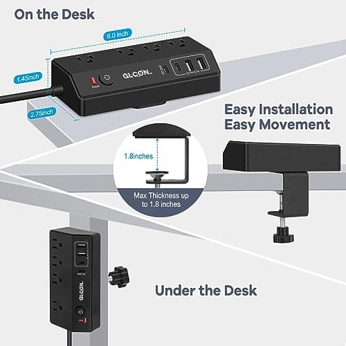 Desk Clamp Power Strip - 20W USB C Fast Charging Station - Desk Power Strip Flat Plug Extension Cord 10FT with 4 USB Ports + 4 Outlets - Desktop Mount Surge Protector - Fit 1.8" Tabletop Edge - Thumbnail 6