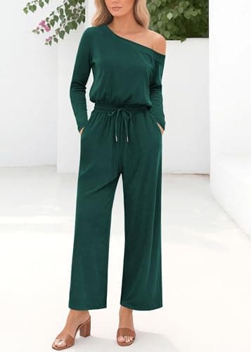 Lazysmile Jumpsuits For Women Dressy Long Sleeve Off Shoulder One Piece Wide Legs Rompers Casual Fall Outfits with Pockets - Thumbnail 3