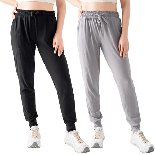 TRIUNION 2 Pack Women's Joggers Pants with Pockets Drawstring Running Sweatpants for Women Yoga Lounge Pants for Workout,Black/Light Grey,Medium - Image 1