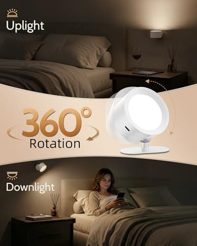 AMETHEUS LED Wall Mounted Lights, Rechargeable Wall Sconces Lamp, 3 Color Temps & Remote and Touch, 360°Rotation Dimmable Cordless Wall Light for Study Bedroom Reading Bedside(White, 1 Pack) - Thumbnail 6