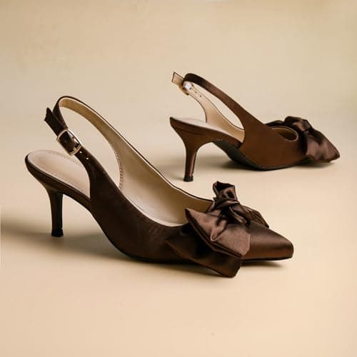 RUSAUISE Brown Heels Slingback Kitten Heels with Bow Satin Dressy Pointed Toe Pumps Work Shoes for Office Business Ballroom Evening Chocolate Size 10 - Thumbnail 3