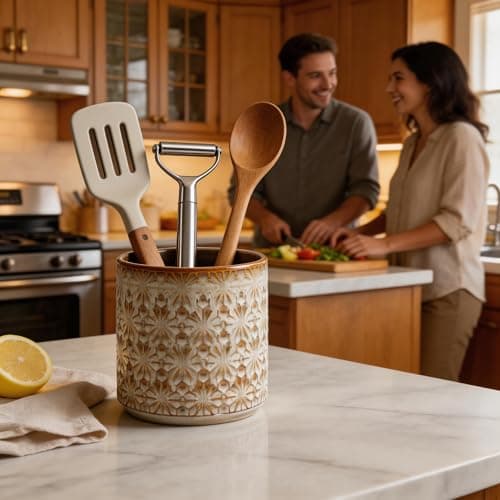 Utensil Holder Utensil Crock Rustic Embossed Ceramic Kitchen Utensil Holder – Farmhouse Decorative Countertop Organizer for Cooking Tools, Flowers, Coffee Pods, 5.3”x5.3” Vintage Beige - Thumbnail 2