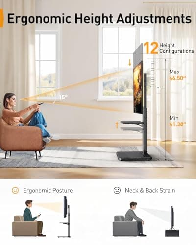 Perlegear Floor TV Stand with LED Light for 32”-75" TVs, Tall TV Stand with Swivel and Tilt, 12 Height Levels TV Mount Stand, Solid Wood Base up to 110 lbs for Living Room, Max VESA 600x400mm, PGFS21B - Thumbnail 5