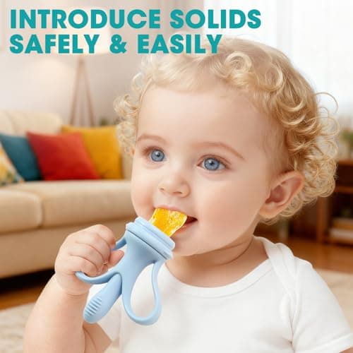 JEXFUN Baby Fruit Feeder & Breastmilk Popsicle Mold Set, Silicone Food Feeder Pacifier for Cooling Relief with 3 Replaceable Pouches, BPA-Free Teething Toy for Safe Infant Self Feeding (Sky Blue) - Thumbnail 2