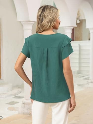 Funlingo Womens Tops Dressy Casual Summer Ruffle Short Sleeve Blouses Crew Neck Pleated Office Work Shirts 2026 Business Casual Outfits Turquoise S - Thumbnail 4